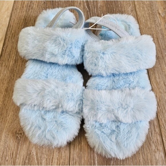 Abound Faux Fur Fuzzy Slippers Slides Sandals Slip On Women's 8 New Baby Blue - Picture 2 of 6